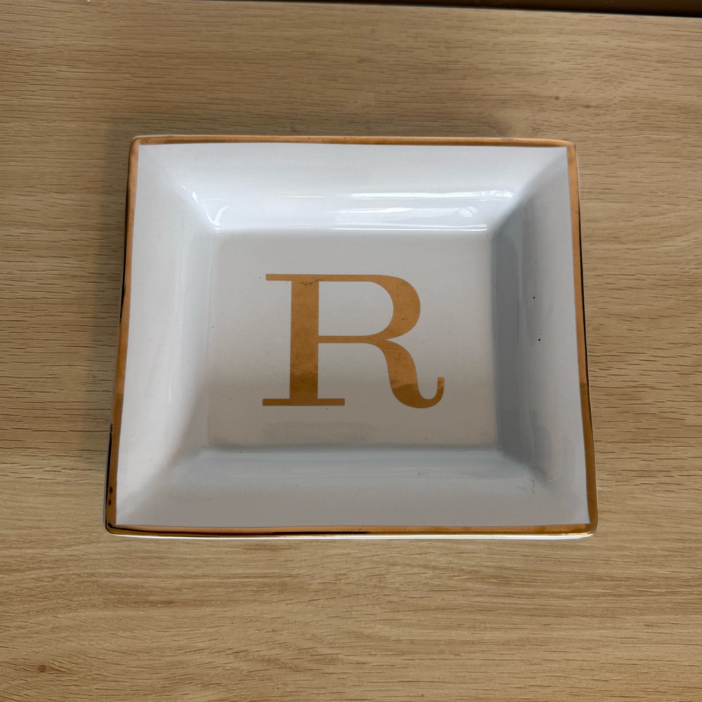 Pottery Barn Gold-Trimmed Monogrammed R Square Dish